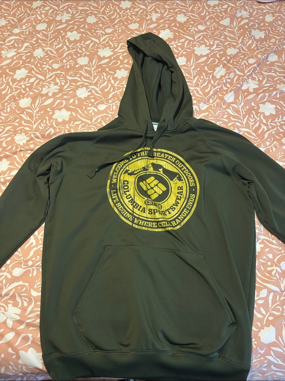 Columbia Olive Green Crewneck Hoodie with Yellow Logo